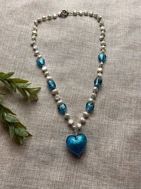 VINTAGE Blue and White Beaded Y2K Necklace with Glass Heart Pendant